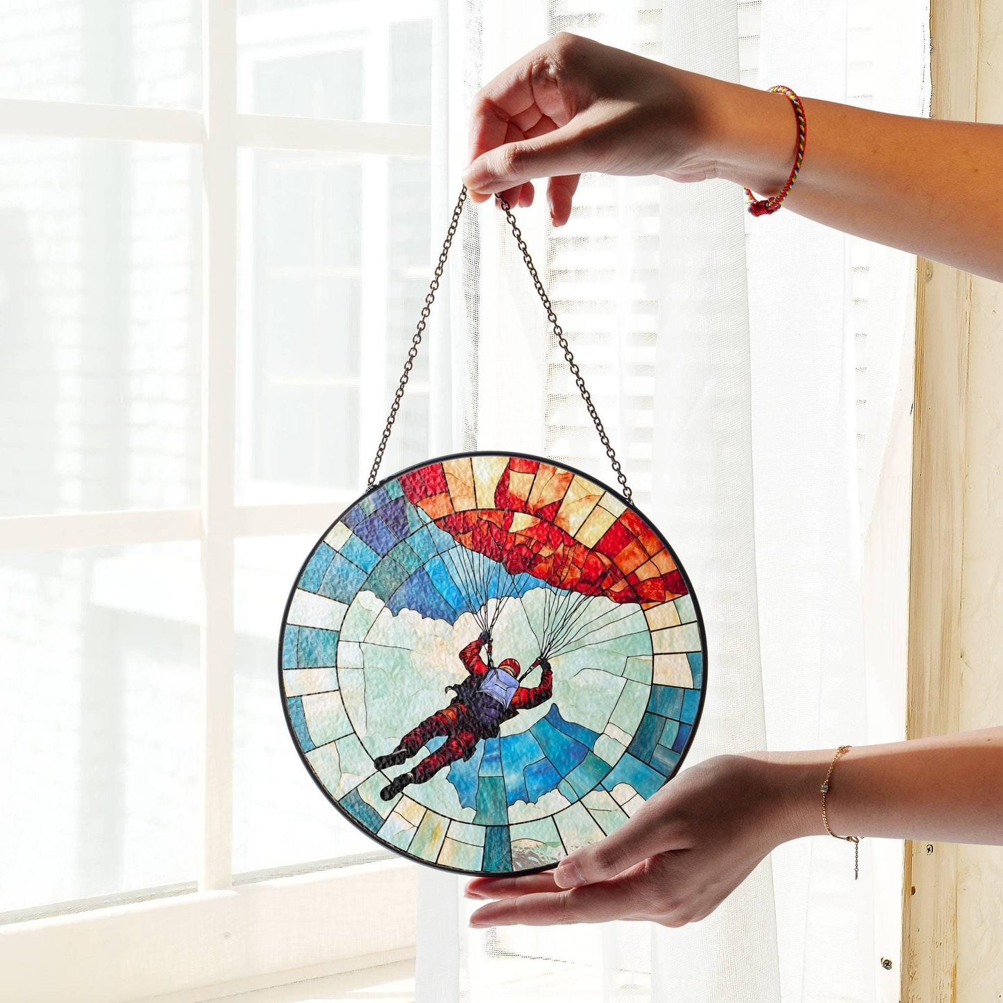 SkyDiving Stained Glass Sun Catcher - Parachute Window Hanging Decor Sky Diver Gift