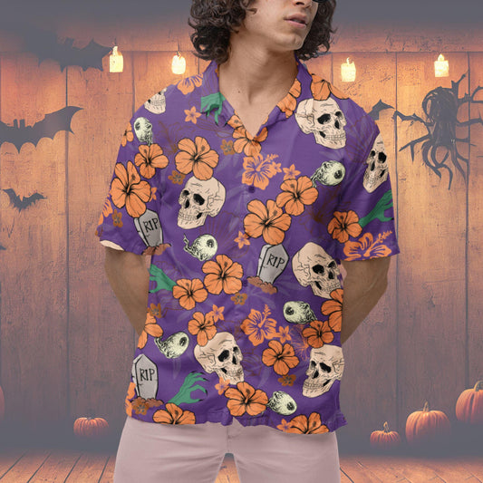 Halloween Hawaiian Shirt, Halloween Button Down Shirt Skeleton Halloween Pattern