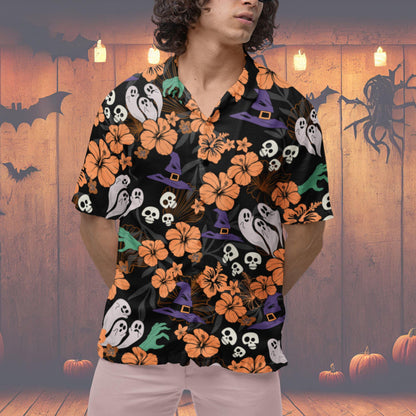 Halloween Hawaiian Shirt, Halloween Button Up Shirt Ghost Witch Halloween Pattern