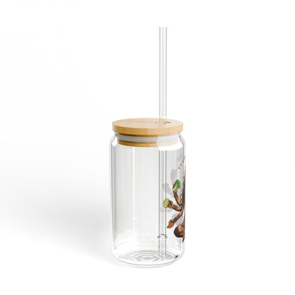 Vegan Glass Tumbler - 16oz Sipper with Bamboo Lid Vegetable Lover Cup