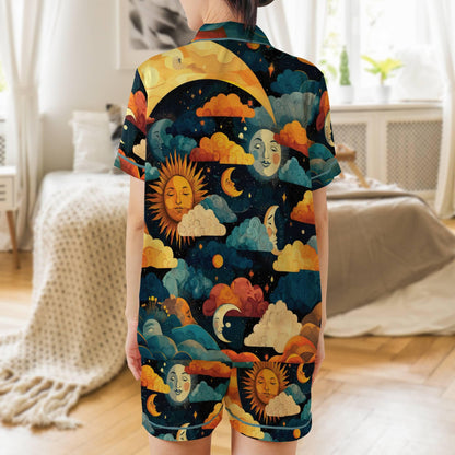 Sun  Moon Satin Pajama Set - Womens Short Sleeve PJs