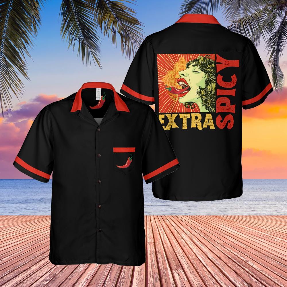Extra Spicy Button Down Shirt with Pocket, Spicy Food Short-sleeve Hawaiian Shirt Spicy Chili Foodie Shirt