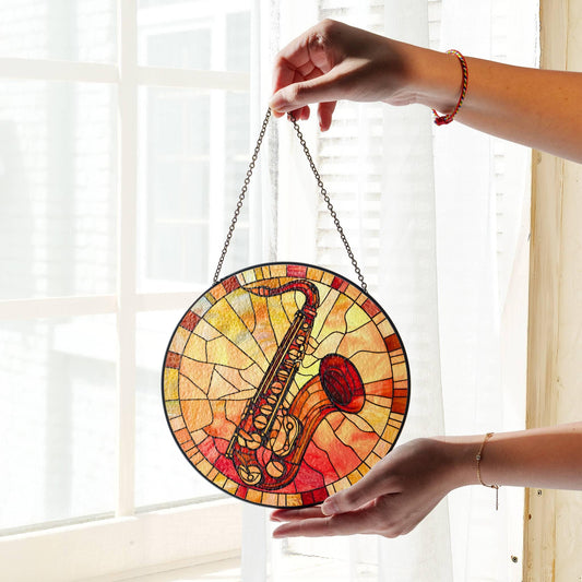 Saxophone Stained Glass Sun Catcher - Jazz Music Window Hanging Decor