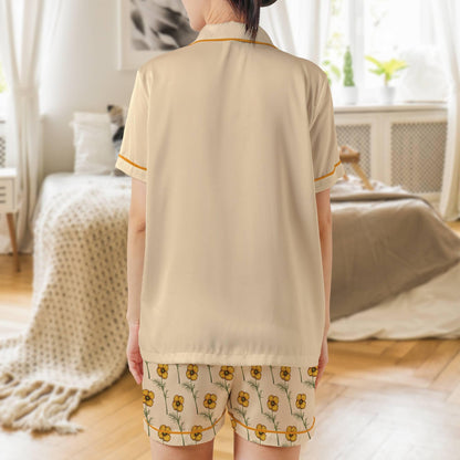 California Poppy Satin Pajama Set - Womens Short Sleeve Poppy Floral Sleepwear