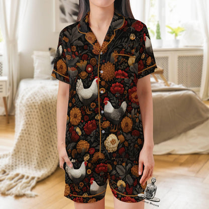 Chicken Short Sleeves Pajama Set, Farm Animal Lover Woman's Satin Pajamas