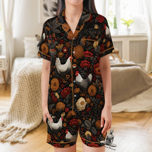 Chicken Short Sleeves Pajama Set, Farm Animal Lover Woman's Satin Pajamas