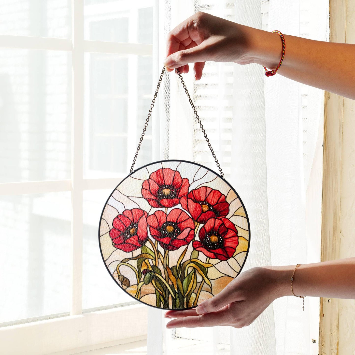 California Poppy Stained Glass SunCatcher Window Hanging Home Poppy Flower Art