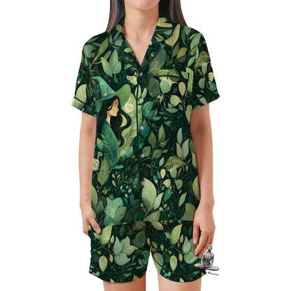 Green Witch Satin Pajama Set - Short Sleeve Wiccan Gift for Plant Lovers Witch