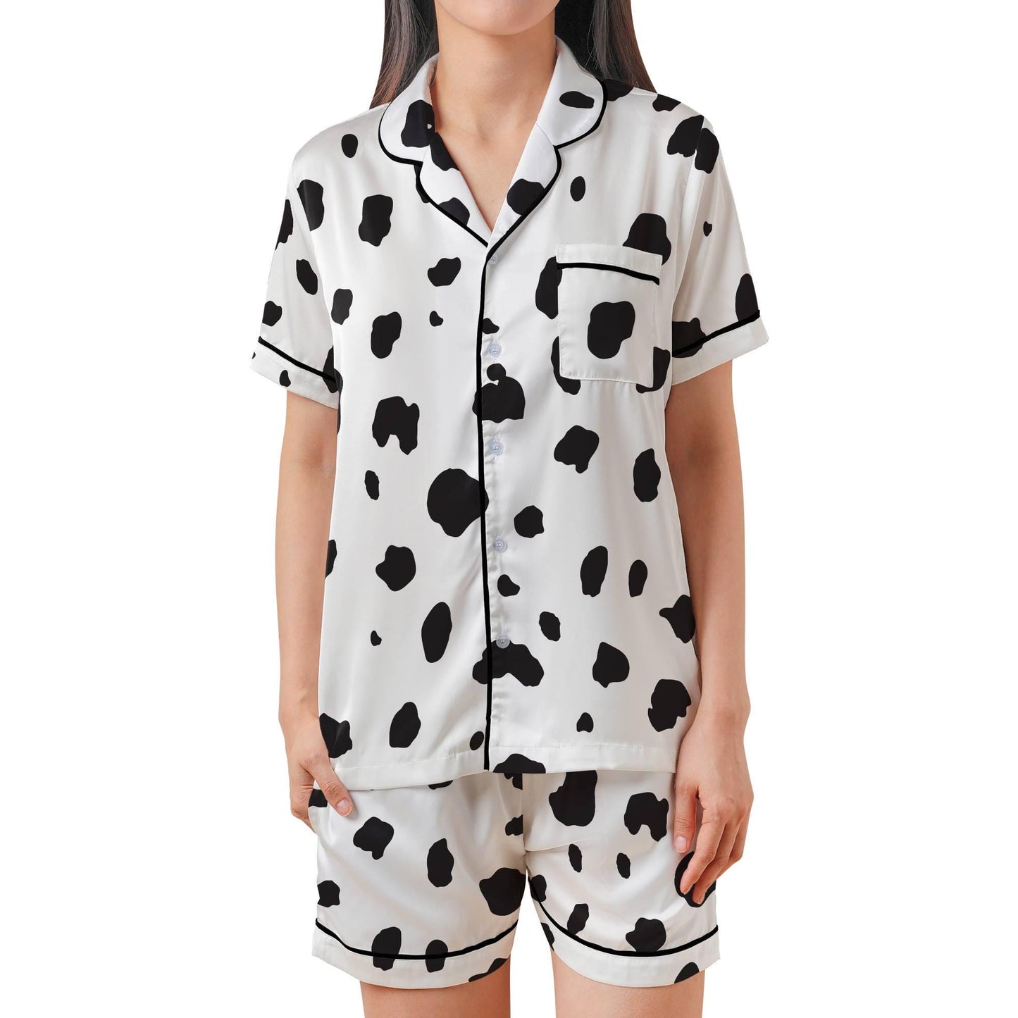Dalmatian Pajama Set Short Sleeves, Dalmation Print Woman's Satin Pajamas