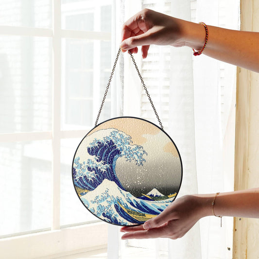 The Great Wave off Kanagawa Stained Glass SunCatcher Window Hanging Decor Art
