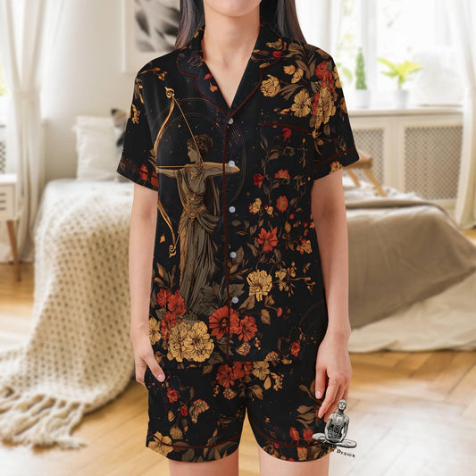 Artemis Pajamas Set Short Sleeves, Artemis Greek Goddess Woman's Satin Pajama