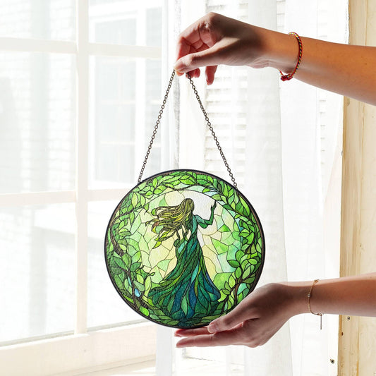 Green Witch Stained Glass Sun Catcher - Plant Lover Window Decor