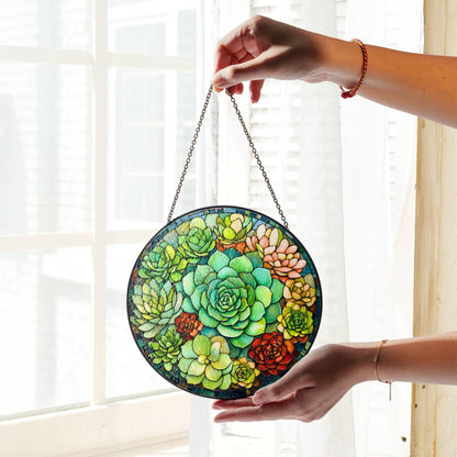 Succulent Stained Glass Sun Catcher - Window Hanging Plant Lover Decor Gift