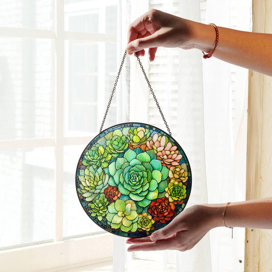 Succulent Stained Glass Sun Catcher - Window Hanging Plant Lover Decor Gift