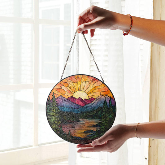Mountain Range Stained Glass SunCatcher Sunset Window Hanging Scenery Art Decor