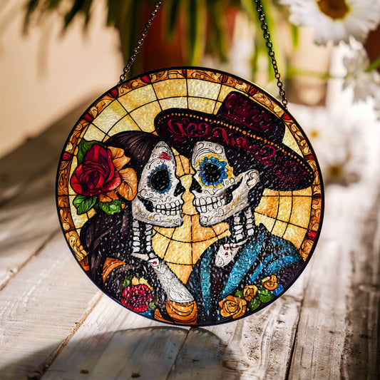 Day of the Dead Sugar Skull Couple Stained Glass SunCatcher Dia de los Muertos