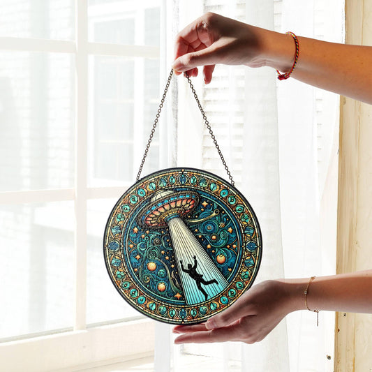 UFO Stained Glass SunCatcher UFO Abduction LightCatcher Cryptid Window Hanging