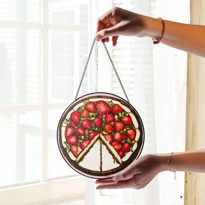 Strawberry Cake Stained Glass SunCatcher Cake Art Light Catcher Window Decor