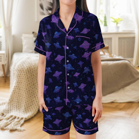UFO Pajama Set Short Sleeves, Alien Woman's Satin Pajama Short Sleeve