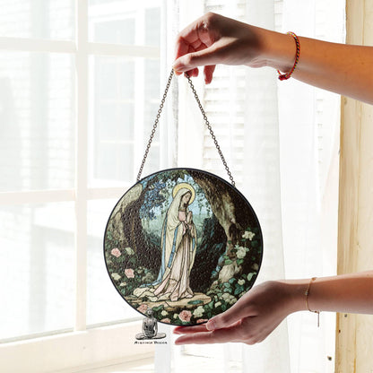 Stained Glass Lady of Lourdes Suncatcher Virgin Mary Religious Window Hanging
