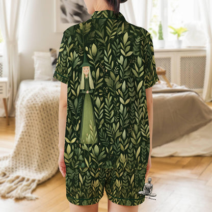 Green Witch Satin Pajama Set - Short Sleeve Wiccan Gift for Plant Lovers Witch