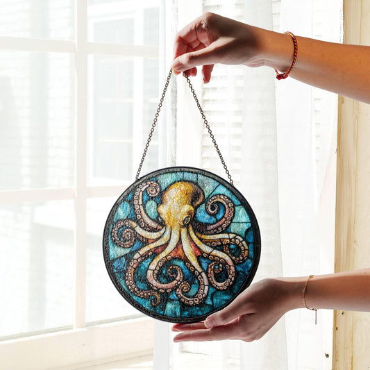 Octopus Stained Glass Sun Catcher - Sea Life Window Hanging Decor