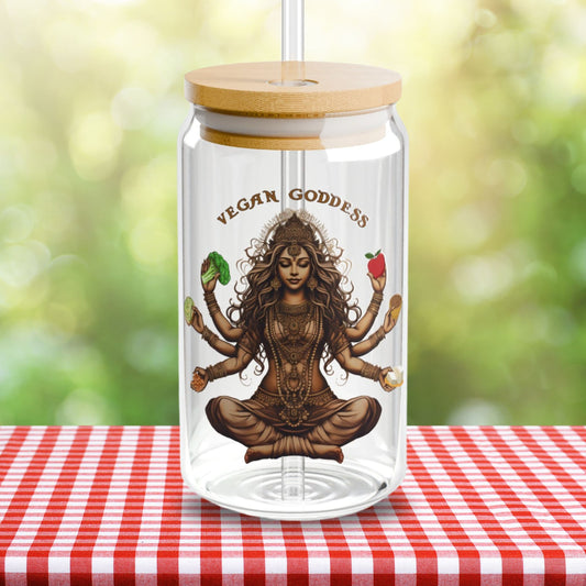 Vegan Glass Tumbler - 16oz Sipper with Bamboo Lid Vegetable Lover Cup