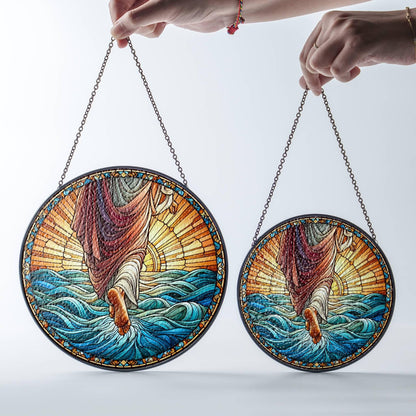 Jesus Walking on Water Stained Glass SunCatcher Christian Art Window Hanging