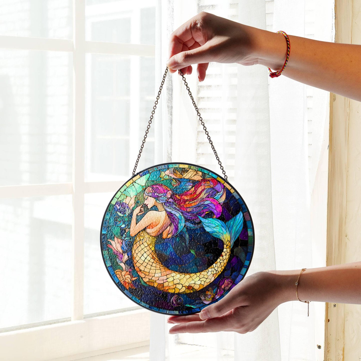 Mermaid Stained Glass Sun Catcher - Under the Sea Window Decor for Mermaid Lovers