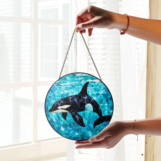 Orca Stained Glass Sun Catcher - Ocean Art Window Decoration for Sea Life Lovers