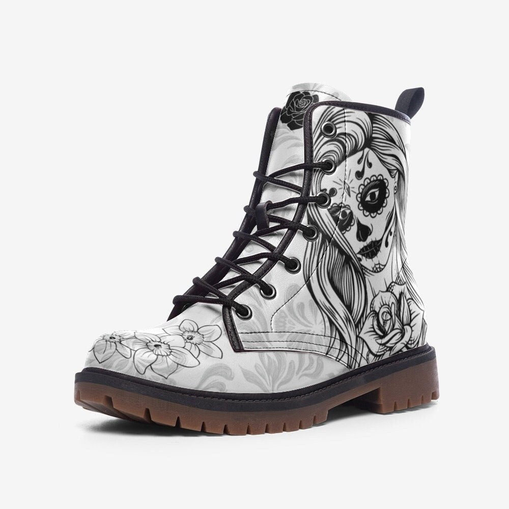 Sugar Skull Black And White Boots