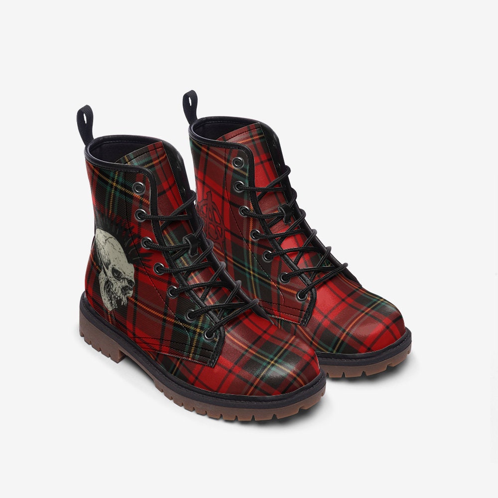 Punk Rock Boots Skull Red Black Tartan Plaid