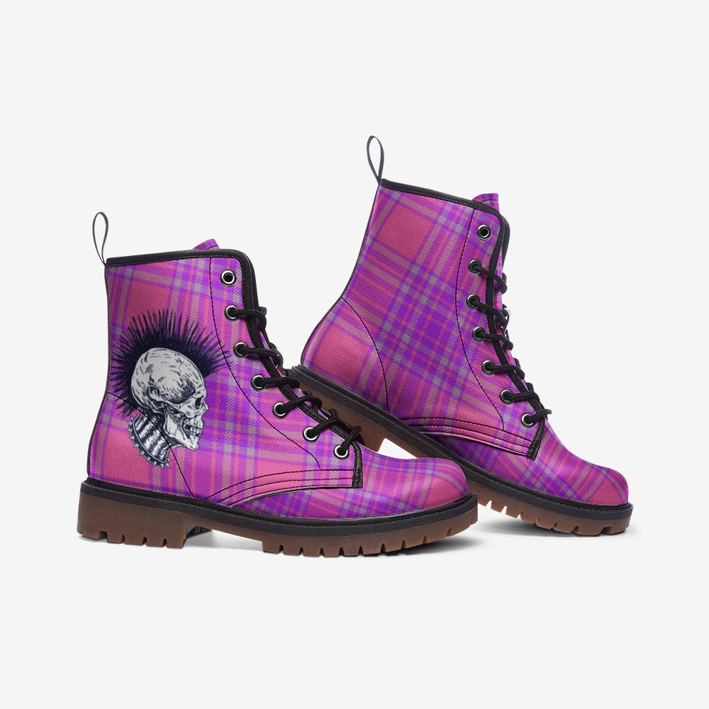 Punk Boots Pink Skull Tartan