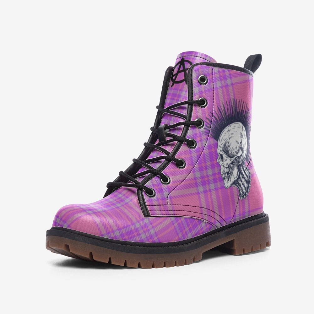 Punk Boots Pink Skull Tartan