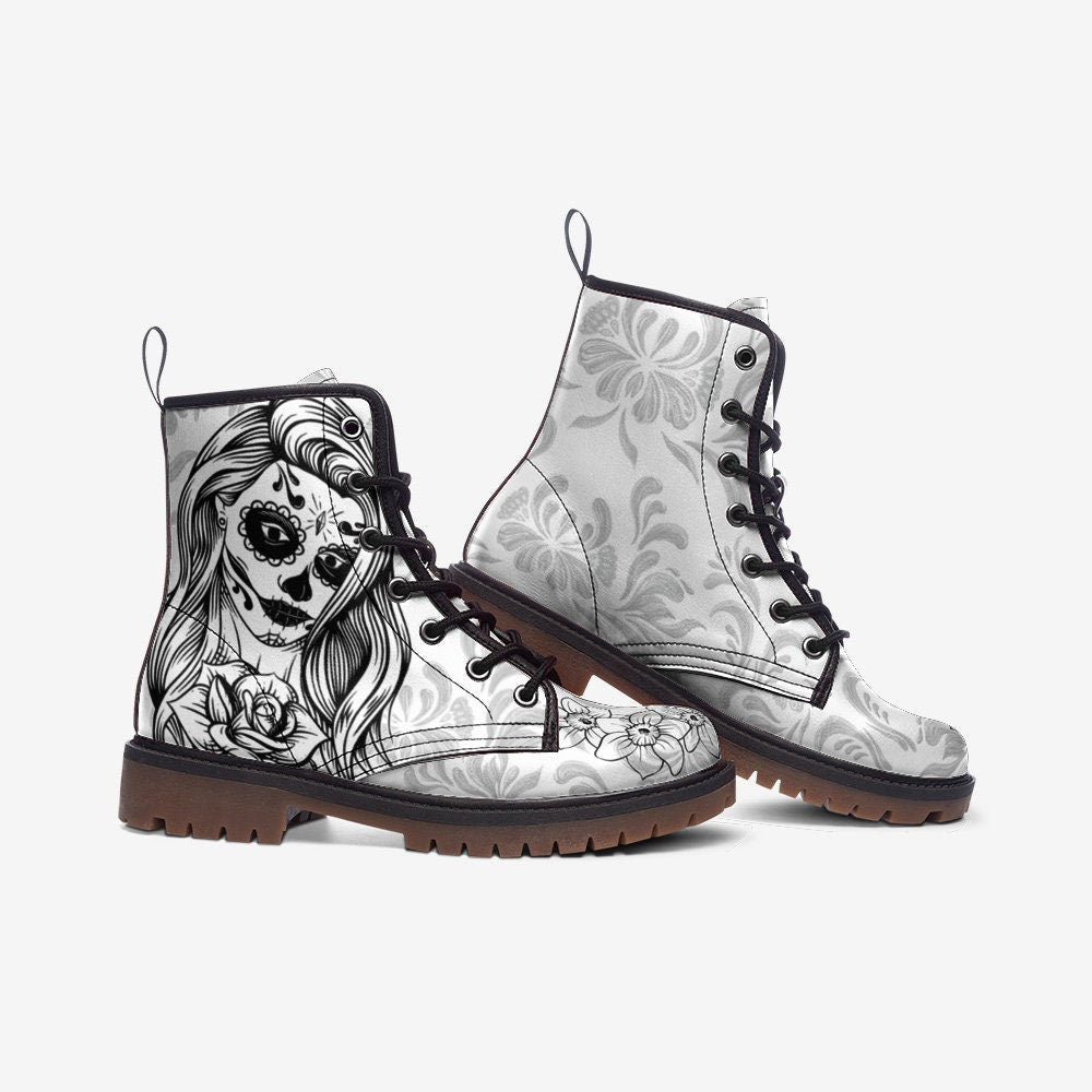 Sugar Skull Boots Black and White