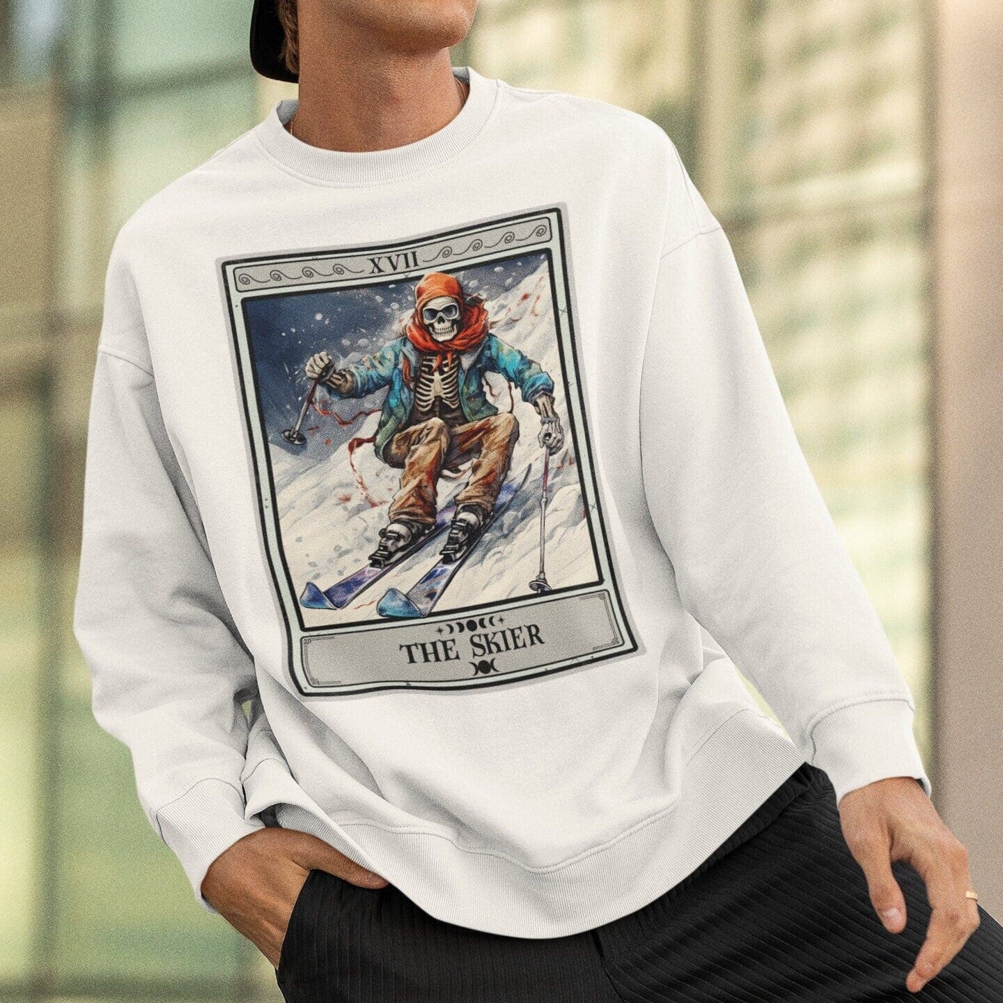 The Skier Tarot Card Sweatshirt, Skeleton Skiing