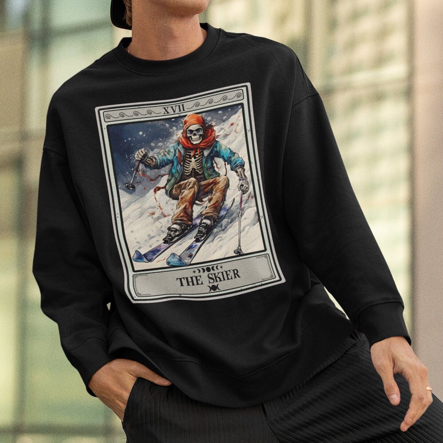 The Skier Tarot Card Sweatshirt, Skeleton Skiing