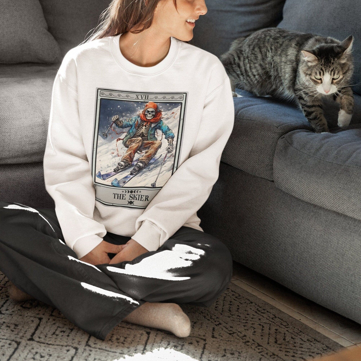 The Skier Tarot Card Sweatshirt, Skeleton Skiing