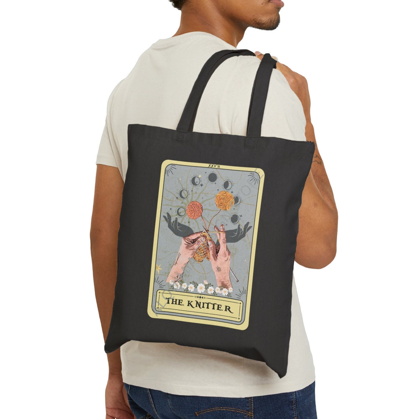 The Knitter Tarot Card Tote Bag, Knitting 15" x 16"