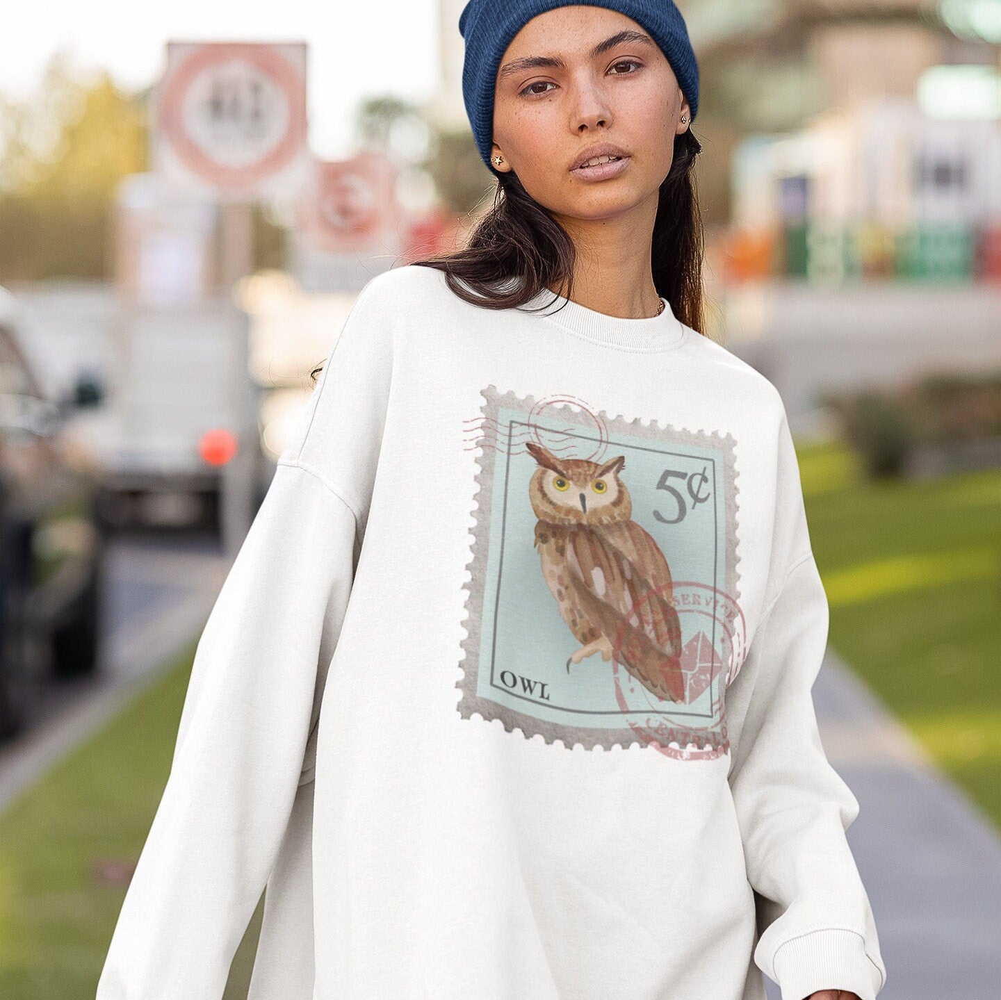 Owl Post Stamp Sweatshirt, Bird Lover