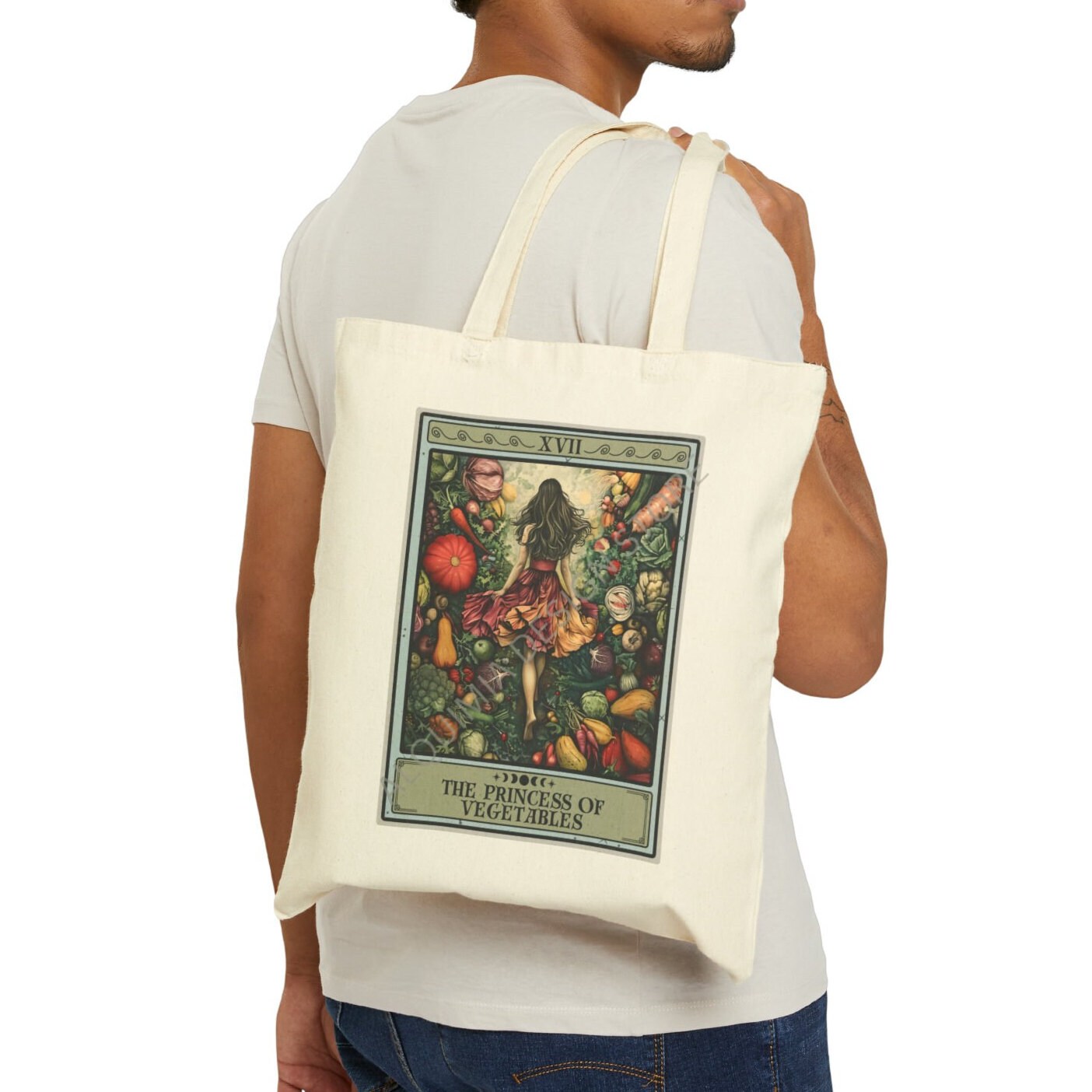 The Princess of Vegetables Tarot Card Tote Bag, Vegetarian 15" x 16" Farmers Market