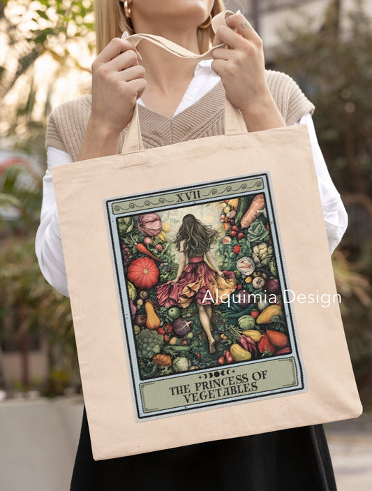 The Princess of Vegetables Tarot Card Tote Bag, Vegetarian 15" x 16" Farmers Market