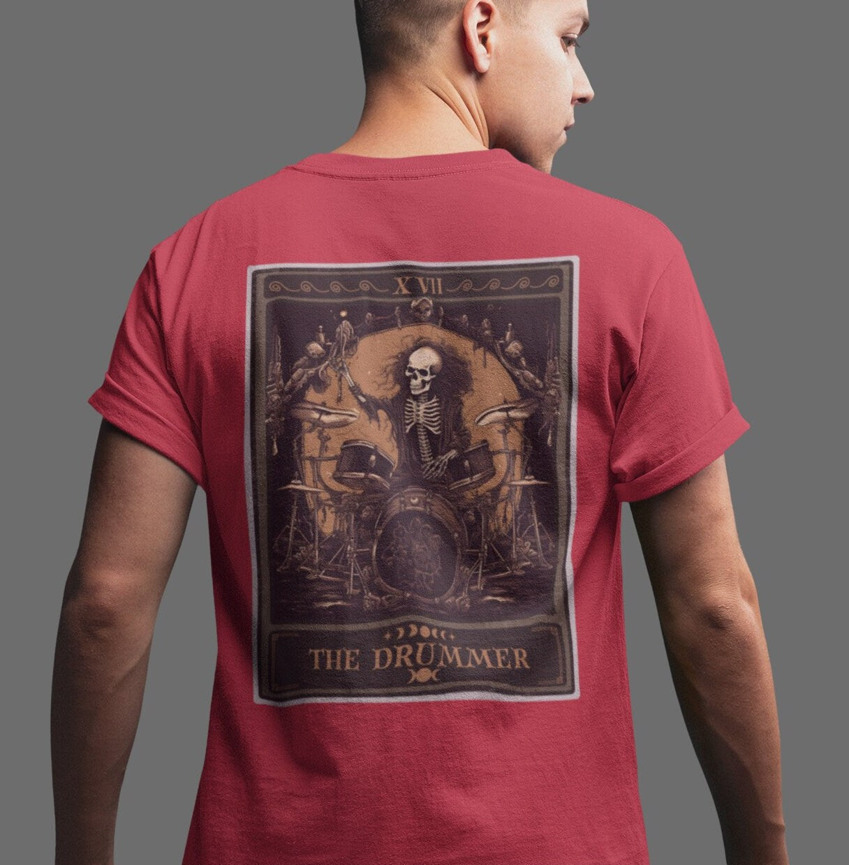 The Drummer Tarot Card Shirt, BACK PRINT Skeleton Drum Player