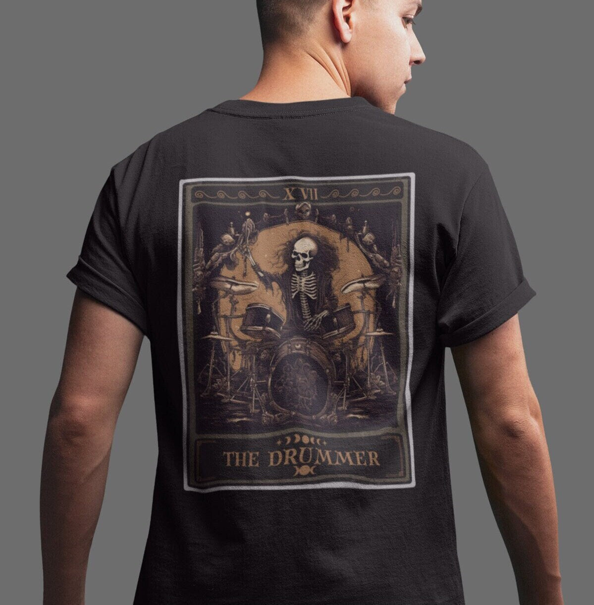The Drummer Tarot Card Shirt, BACK PRINT Skeleton Drum Player