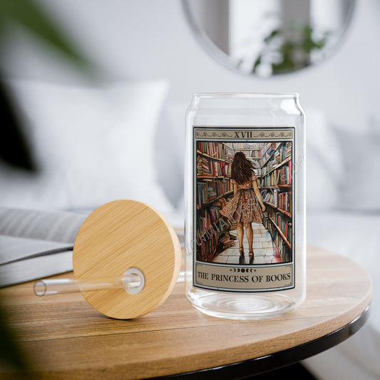 The Princess of Books Tarot Card Glass Tumbler, Book Lover Sipper Glass 16oz