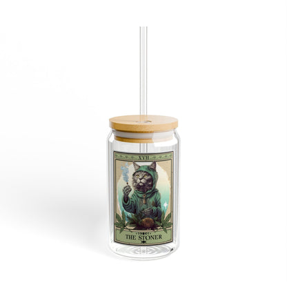 The Stoner Tarot Card Glass Tumbler, Sipper Glass 16oz Cat