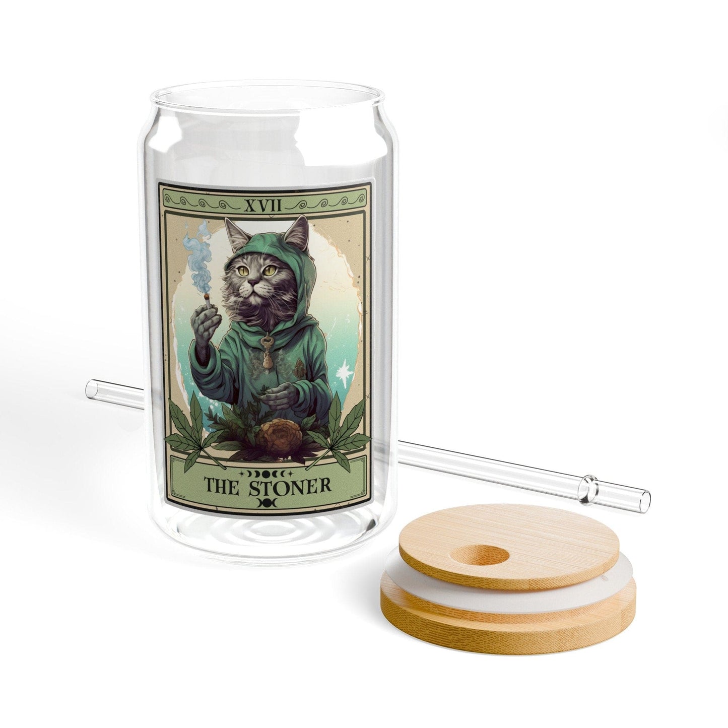 The Stoner Tarot Card Glass Tumbler, Sipper Glass 16oz Cat