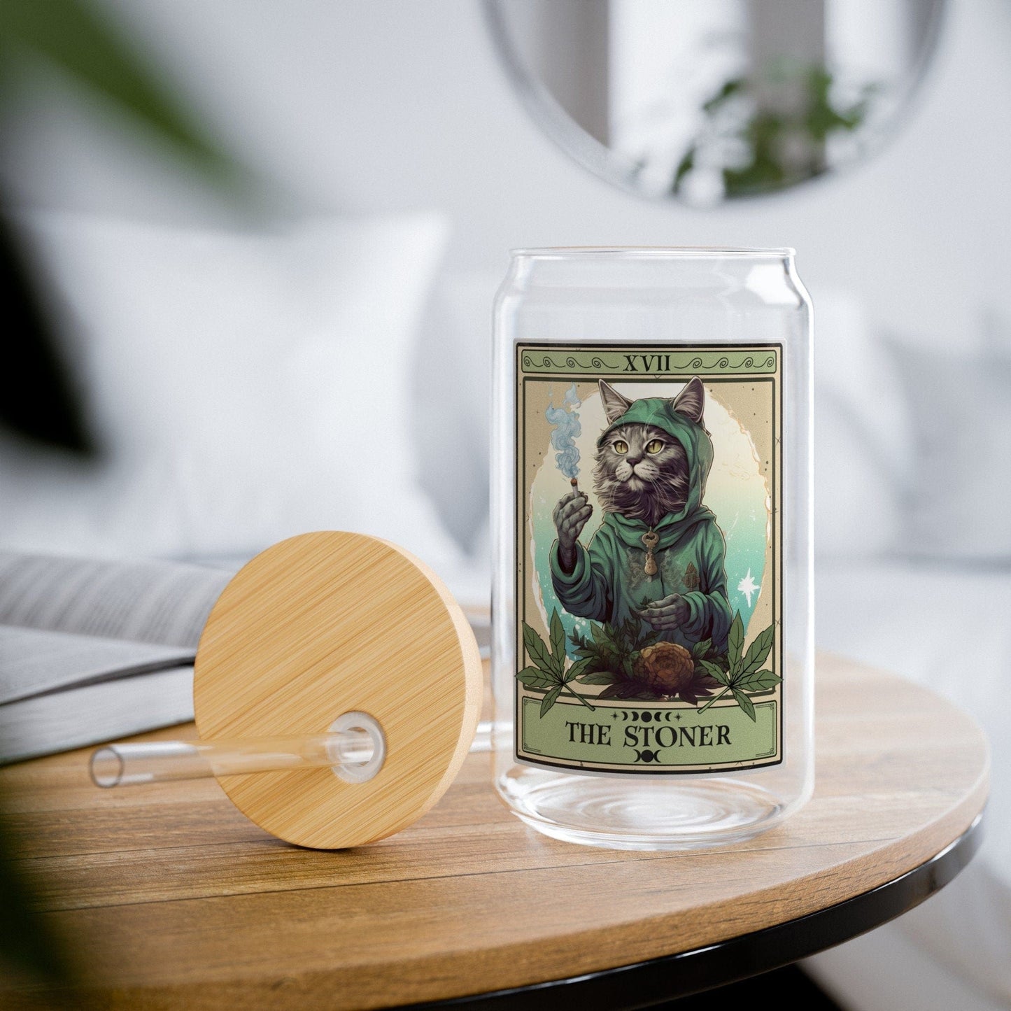 The Stoner Tarot Card Glass Tumbler, Sipper Glass 16oz Cat