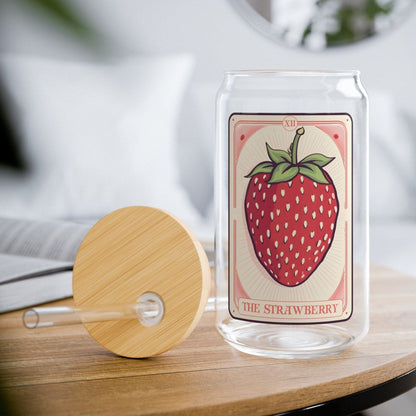 The Strawberry Tarot Card Glass Tumbler, Sipper Glass 16oz