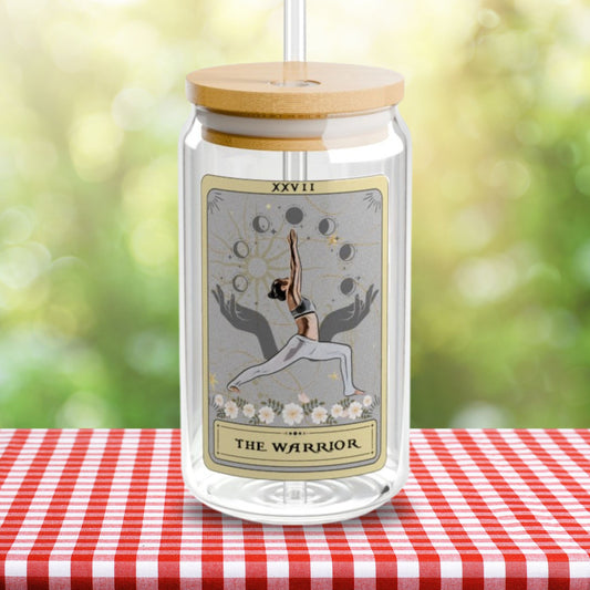 The Warrior Tarot Card Tumbler, Yoga Pose Sipper Glass 16oz